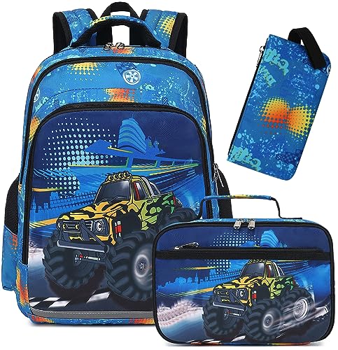 LEDAOU Schulrucksack Junge Teenager Kinder Juvenile Mädchen Daypack Mädchen Freizeitrucksack Backpack(Gelbes Geländefahrzeug Blaues Schiff) von LEDAOU