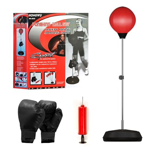 Punchingball Set Aufblasbarer Freistehender Boxball mit Boxhandschuhen Luftpumpe Höhenverstellbar (Rot) von LEDSone