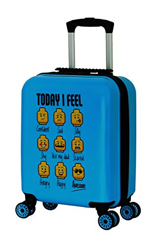 BBM Lego Bags Play Date Trolley aus ABS Kunststoff, Reisetrolley mit Lego Minifigures Today I Feel Motiv, Kindertrolley mit 30 Liter Volumen, Trolleykoffer mit 4 Doppellauf Rollen, Kinder Koffer Blau von LEGO