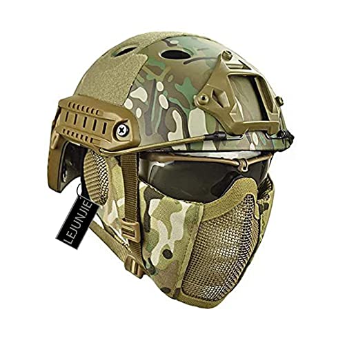 PJ Airsoft Paintball Fast Helm mit faltbarem Gehörschutz halbe Stahlnetz Maske und Brillen Set von LEJUNJIE