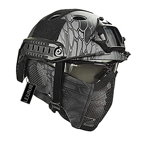 PJ Airsoft Paintball Fast Helm mit faltbarem Gehörschutz halbe Stahlnetz Maske und Brillen Set von LEJUNJIE