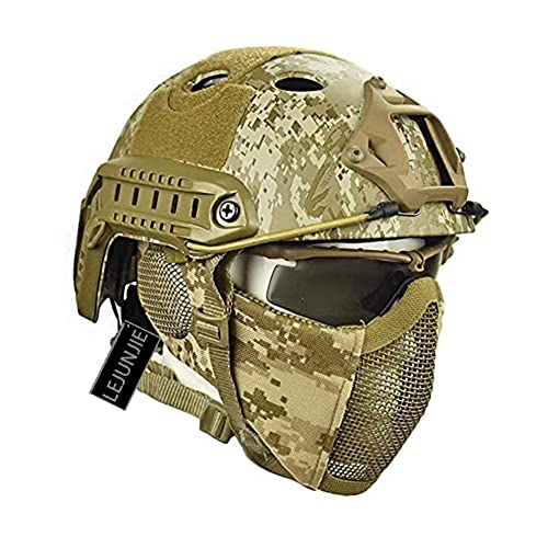 PJ Airsoft Paintball Fast Helm mit faltbarem Gehörschutz halbe Stahlnetz Maske und Brillen Set von LEJUNJIE