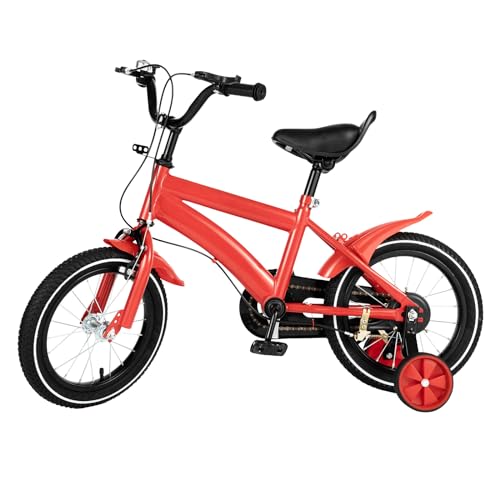 LENJKYYO 14 Zoll Kinderfahrrad mit Stützräder, Fahrrad für 3-6 Jahre Jungen/Mädchen, Outdoor Sportlich Kinderfahrräder, Sicher Bike Rot HöHenverstellbar (95-135cm) von LENJKYYO