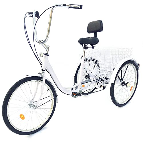 LENJKYYO 24 Zoll Dreirad für Erwachsene 6 Gänge Fahrrad Outdoor Dreirad für Erwachsene Cityräder mit Korb 3-Rad Erwachsene Dreirad mit Einkaufskorb, 3 Rad Dreirad Tricycle City Fahrrad (Weiß) von LENJKYYO
