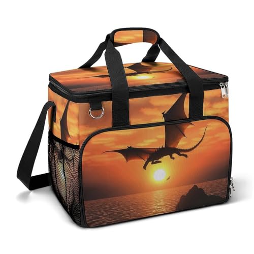 LFDSEPYM Kühltasche, große Lunchtasche mit doppeltem Reißverschluss, Meeres-Sonnenuntergang, fliegender Drache, isolierte Einkaufstasche, wiederverwendbare Lunchbox für Camping, Strand von LFDSEPYM