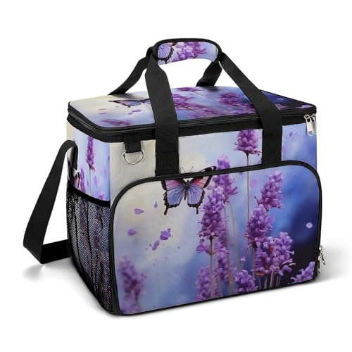 LFDSEPYM Kühltasche, große Lunchtasche mit doppeltem Reißverschluss, Schmetterling auf violetter Blume, isolierte Lebensmitteltasche, wiederverwendbare Lunchbox für Camping, Strand von LFDSEPYM