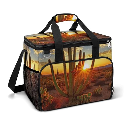 LFDSEPYM Kühltasche, große Lunchtasche mit doppeltem Reißverschluss, Sonnenuntergang Kaktus in Wüste, isolierte Einkaufstasche, wiederverwendbare Lunchbox für Camping, Strand von LFDSEPYM