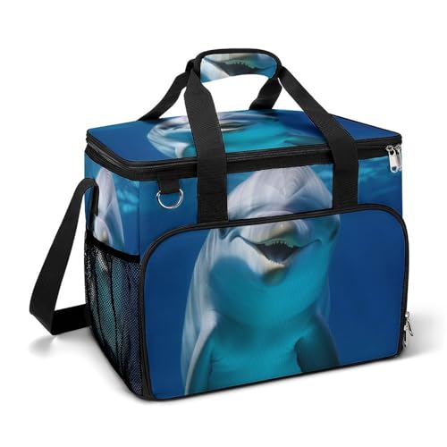 LFDSPYJE Kühltasche Isolierte Lunchtasche mit Seitentasche Delfin mit Lächeln Große Lebensmitteltasche Wiederverwendbare Lunchbox für Camping Strand von LFDSPYJE
