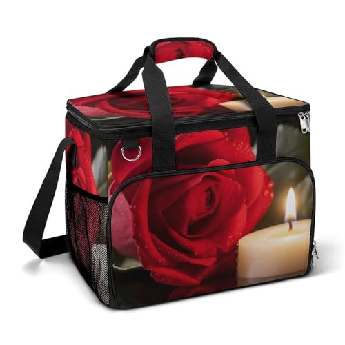 LFDSPYJE Kühltasche Isolierte Lunchtasche mit Seitentasche Rote Rose mit Candlev Große Lebensmitteltasche Wiederverwendbare Lunchbox für Camping Strand von LFDSPYJE