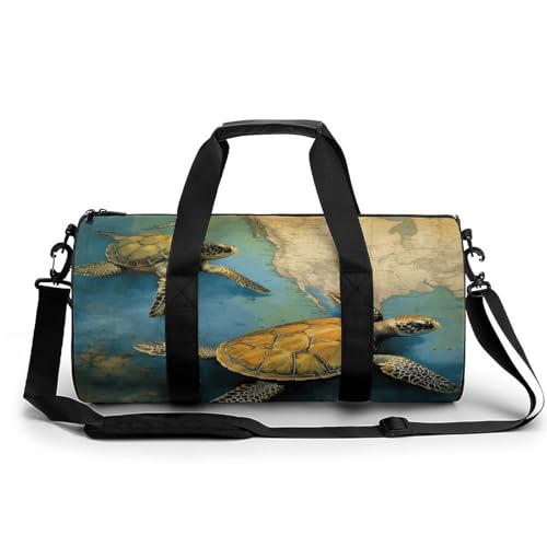 Sporttasche für Damen und Herren, Schildkröte, zylindrische Reisetasche mit verstellbaren Riemen für Reisen, Sport, Workout, Schildkröte auf der Karte, 45x23x23CM, Reisetasche von LFDSYEOQ