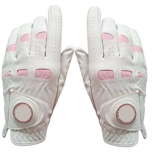 LFFAVHFK Golfhandschuhe 2 Stücke/1 Paar Leder Golf Handschuhe Frauen Mit Bling Ball Marker Extra Grip Links Rechts Hand Rosa Fit Damen Mädchen Golfer(1Pair White,Medium) von LFFAVHFK