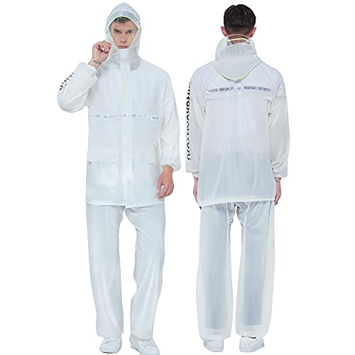 LGESR Ultraleichter Regenanzug für Herren Damen, Wasserdichter Kapuzen-Regenmantel mit Reflektierenden Streifen, Zweiteilige Regenbekleidung (Jacke & Hosenanzug) (Color : Weiß, Size : M) von LGESR