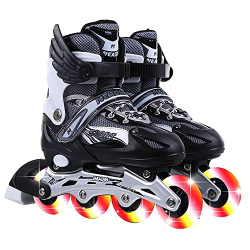 LGESR Verstellbare Inline-Skates, Rollschuhe mit Leuchtenden Rollen, Roller Skates mit Schutzausrüstung für Kinder Mädchen Jungen Teens Anfänger (Color : Schwarz, Size : L) von LGESR