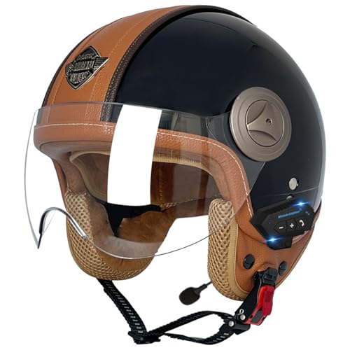 Bluetooth-Helm Jethelm 3/4 Motorrad-Jethelm Mit Offenem Gesicht DOT/ECE-Zertifizierung Retro-Schädelkappe Mit Sonnenblende Schützender Motorrad-Sturzhelm Für Erwachsene B,M=57-58CM von LHBM