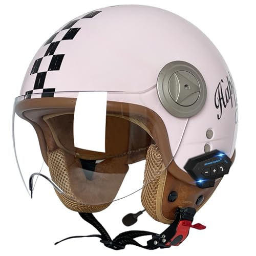 Bluetooth-Helm Jethelm 3/4 Motorrad-Jethelm Mit Offenem Gesicht DOT/ECE-Zertifizierung Retro-Schädelkappe Mit Sonnenblende Schützender Motorrad-Sturzhelm Für Erwachsene F,2XL=63-64CM von LHBM