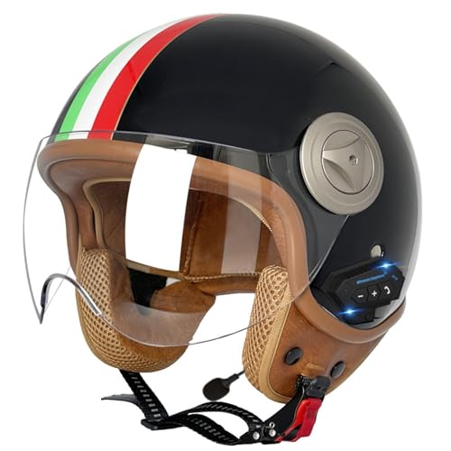 Bluetooth-Helm Jethelm 3/4 Motorrad-Jethelm Mit Offenem Gesicht DOT/ECE-Zertifizierung Retro-Schädelkappe Mit Sonnenblende Schützender Motorrad-Sturzhelm Für Erwachsene H,L=59-60CM von LHBM