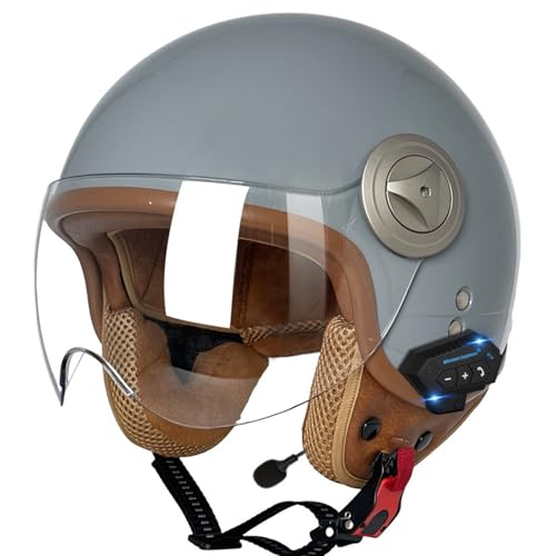 Bluetooth-Helm Jethelm 3/4 Motorrad-Jethelm Mit Offenem Gesicht DOT/ECE-Zertifizierung Retro-Schädelkappe Mit Sonnenblende Schützender Motorrad-Sturzhelm Für Erwachsene M,XL=61-62CM von LHBM