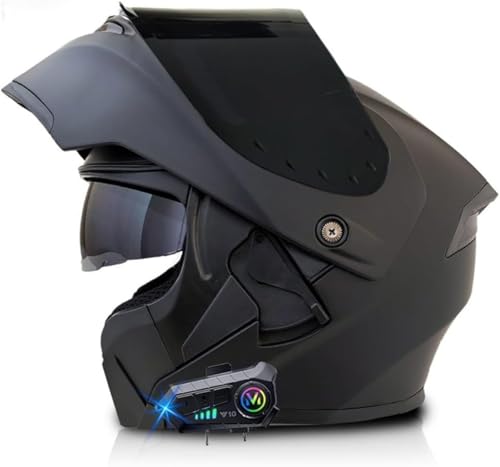 Bluetooth-Klapphelm, Integrierter Motorradhelm, ECE-Geprüfter Integralhelm Mit Antibeschlag-Doppelspiegel, Atmungsaktiv Und Komfortabel, Für Erwachsene, Frauen Und Männer,55~64 cm H,S=55-56CM von LHBM