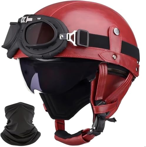 Deutsche Leder Motorrad Halbhelme, Halbschalenhelm Mit ECE, Jethelm Retro, Scooter-Helm, Chopper Helm, Fahrradhelm, Mit Sonnenblende Und Schnellverschlussschnallen Offenem Helm F,L=59-60CM von LHBM