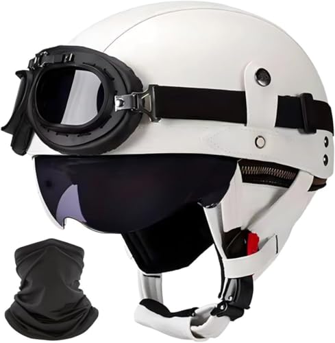 Deutsche Leder Motorrad Halbhelme, Halbschalenhelm Mit ECE, Jethelm Retro, Scooter-Helm, Chopper Helm, Fahrradhelm, Mit Sonnenblende Und Schnellverschlussschnallen Offenem Helm G,L=59-60CM von LHBM