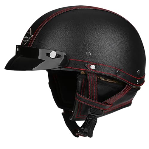 Deutscher Leder-Motorrad-Halbhelm, Offener Motorradhelm, Jethelm Mit Schnellverschluss, Motorradhelm, ECE-Geprüft Für Cruiser-Pedal-Skull-Cap-Motorrad B,M=57-58CM von LHBM