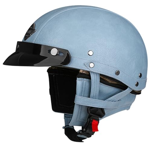 Deutscher Leder-Motorrad-Halbhelm, Offener Motorradhelm, Jethelm Mit Schnellverschluss, Motorradhelm, ECE-Geprüft Für Cruiser-Pedal-Skull-Cap-Motorrad E,L=59-60CM von LHBM