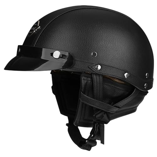 Deutscher Leder-Motorrad-Halbhelm, Offener Motorradhelm, Jethelm Mit Schnellverschluss, Motorradhelm, ECE-Geprüft Für Cruiser-Pedal-Skull-Cap-Motorrad G,L=59-60CM von LHBM