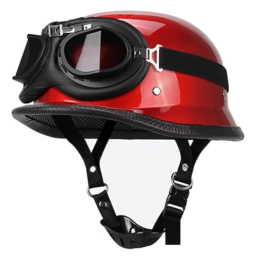 Deutscher Motorrad-Halbhelm, DOT-Geprüfter Halbschalenhelm Mit Kappe + Schutzbrille, Retro-Jethelm, Vintage-Jethelm, Neuartige Halbschale Für Cruiser-Scooter-Touring E,XL=61-62CM von LHBM