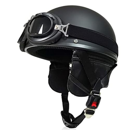 Deutscher Motorrad-Halbhelm, DOT-Geprüfter Halbschalenhelm Mit Kappe + Schutzbrille, Retro-Jethelm, Vintage-Jethelm, Neuartige Halbschale Für Cruiser-Scooter-Touring H,L=59-60CM von LHBM