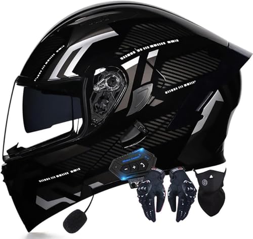 Klapphelm Motorradhelm Mit Bluetooth, Motorradhelm Integrierter Bluetooth-Helm ECE-Zertifizierter Moped-Integralhelm Rollerhelm Antibeschlag-Doppelspiegel H,L=59-60CM von LHBM