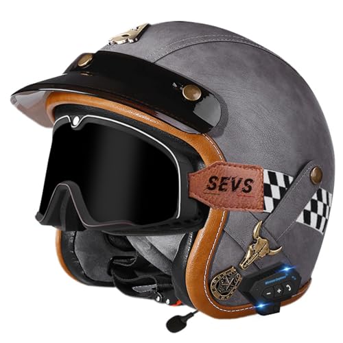 Leder Bluetooth Open Face Motorradhelm Vintage Deutscher Halbhelm DOT/ECE-Geprüft Offen Vintage Für Männer Und Frauen Mit Schutzbrille Offener Mopedhelm Verstellbar E,XXL=63-64CM von LHBM