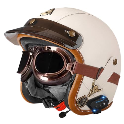 Leder Bluetooth Open Face Motorradhelm Vintage Deutscher Halbhelm DOT/ECE-Geprüft Offen Vintage Für Männer Und Frauen Mit Schutzbrille Offener Mopedhelm Verstellbar N,XXL=63-64CM von LHBM