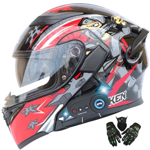 Modularer Bluetooth-Motorradhelm, DOT/ECE-Zugelassener Motorradhelm, Hochklappbarer Integralhelm Mit Doppelvisier Und Mikrofon, Für Männer Und Frauen, Motorrad-Motocross P,XL=61-62CM von LHBM