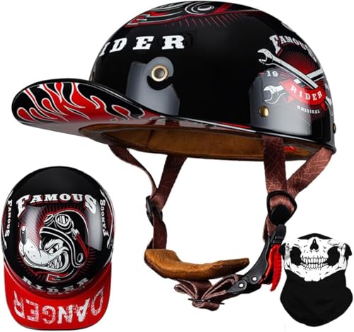 Motorrad-Baseballkappe, Halbhelm, Cooler Halbhelm Mit Niedrigem Profil, Jet-Scooter-Cool-Skull-Cap-Helm, DOT-Zertifizierter Halbschalen-Scooter, Motorrad-Cruiser, Leicht D,L=59-60CM von LHBM