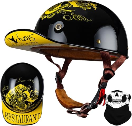 Motorrad-Baseballkappe, Halbhelm, Cooler Halbhelm Mit Niedrigem Profil, Jet-Scooter-Cool-Skull-Cap-Helm, DOT-Zertifizierter Halbschalen-Scooter, Motorrad-Cruiser, Leicht E,L=59-60CM von LHBM