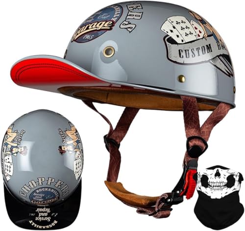 Motorrad-Baseballkappe, Halbhelm, Cooler Halbhelm Mit Niedrigem Profil, Jet-Scooter-Cool-Skull-Cap-Helm, DOT-Zertifizierter Halbschalen-Scooter, Motorrad-Cruiser, Leicht I,L=59-60CM von LHBM