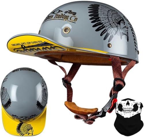 Motorrad-Baseballkappe, Halbhelm, Cooler Halbhelm Mit Niedrigem Profil, Jet-Scooter-Cool-Skull-Cap-Helm, DOT-Zertifizierter Halbschalen-Scooter, Motorrad-Cruiser, Leicht J,M=57-58CM von LHBM