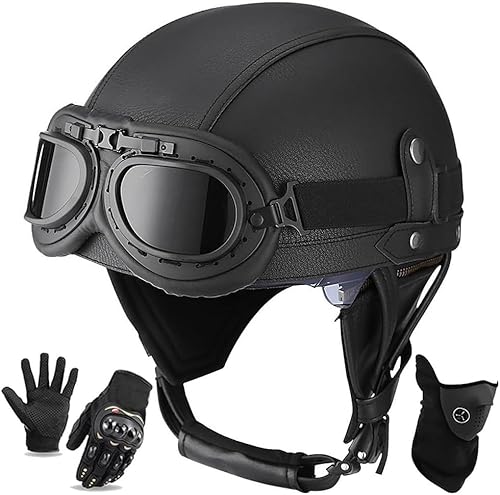 Motorradhelm Leder Halbhelm ECE-Geprüfter Jethelm Mit Schutzbrille Halbschalenkappe Mopedhelm Für Motorrad Chopper Cruiser Scooter Bike L,S=55-56CM von LHBM