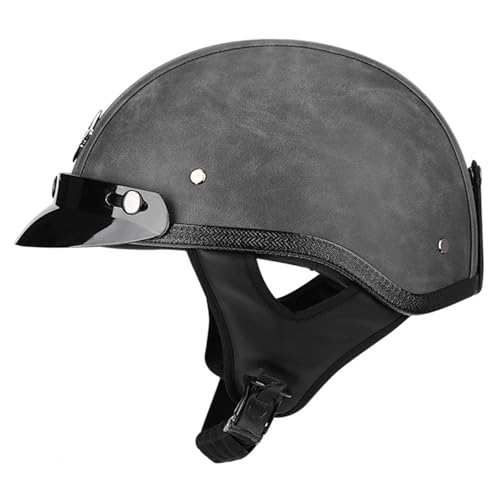 Vintage Leder Open Face Schutzhelm Motorrad Halbhelm ECE Zertifiziert Erwachsene Totenkopfkappe Rollerhelm Reithelm Jethelm Männer Und Frauen B,XL=61-62CM von LHBM