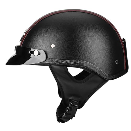 Vintage Leder Open Face Schutzhelm Motorrad Halbhelm ECE Zertifiziert Erwachsene Totenkopfkappe Rollerhelm Reithelm Jethelm Männer Und Frauen D,XL=61-62CM von LHBM