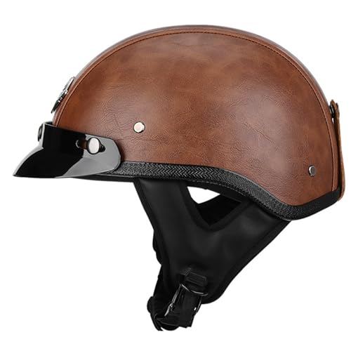 Vintage Leder Open Face Schutzhelm Motorrad Halbhelm ECE Zertifiziert Erwachsene Totenkopfkappe Rollerhelm Reithelm Jethelm Männer Und Frauen H,L=59-60CM von LHBM