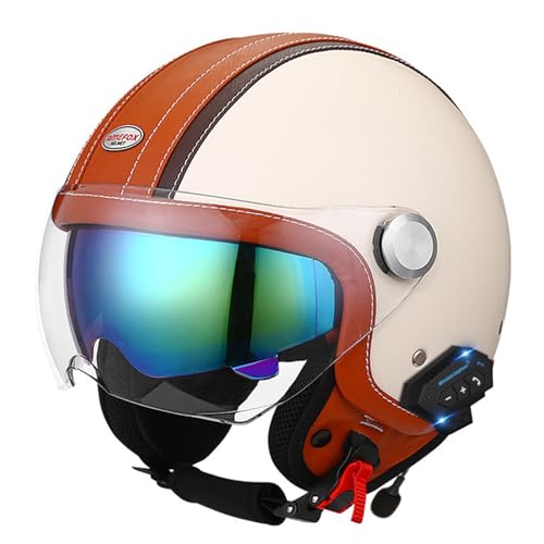 Vintage-Motorradhelm Mit Offenem Gesicht Und Bluetooth, DOT/ECE-Geprüft, 3/4-Jethelm Aus Leder Mit Doppelter Sonnenblende, Halbhelm Für Herren Und Damen, Cruiser-Scooter B,M=57-58CM von LHBM