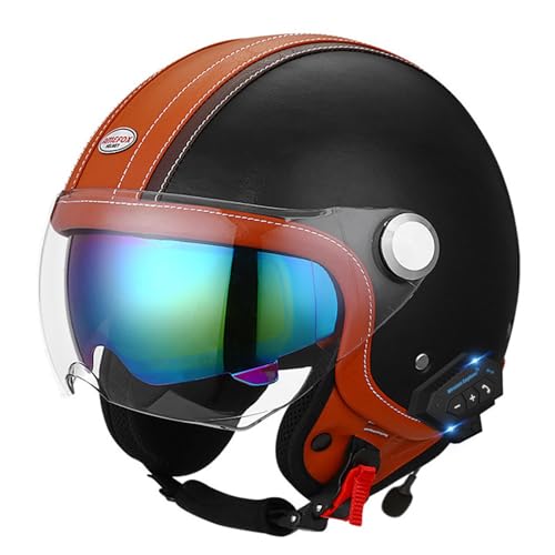 Vintage-Motorradhelm Mit Offenem Gesicht Und Bluetooth, DOT/ECE-Geprüft, 3/4-Jethelm Aus Leder Mit Doppelter Sonnenblende, Halbhelm Für Herren Und Damen, Cruiser-Scooter D,L=59-60CM von LHBM