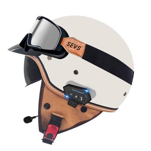 Vintage-Motorradhelm Mit Visier, Mit Schutzbrille, Offener Pendelhelm Im Deutschen Retro-Stil, DOT-Zertifiziert, Für Moped, Light Jet, Pilot, Cruiser, Chopper, Roller R,M=57-58CM von LHBM