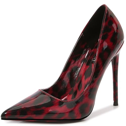 LHHDM Damen-Pumps mit spitzer Zehenpartie und Leopardenmuster, 12 cm (4,72 Zoll) Stilettos mit Leopardenmuster, zum Reinschlüpfen, Abendschuhe,Rot,39 von LHHDM