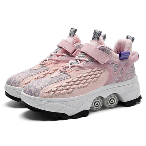 Roller Skate Schuhe, Skateboarding Skates mit 4-Rädern Parkour Schuhe Unisex einziehbare Skate Sneaker Schuhe,Pink-33 EU von LHUDUS
