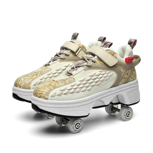 Roller Skate Schuhe, Walk Deformation Schuhe, Outdoor Laufschuhe mit Rad für Erwachsene Kinder,Beige-33 von LHUDUS