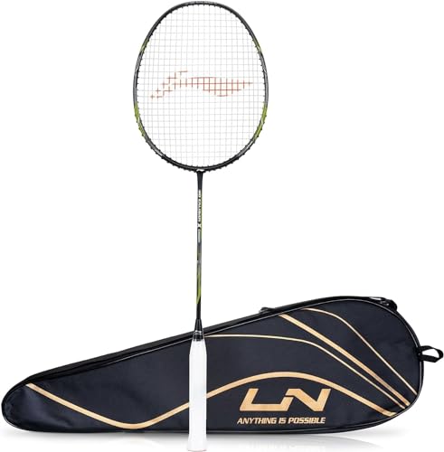 Li-Ning 3D Calibar X Combat Carbon Graphit besaiteter Badmintonschläger, 85 g, 13,6 kg Saitenspannung und kostenlose vollständige Abdeckung (schwarz/limettengrün) von LI-NING