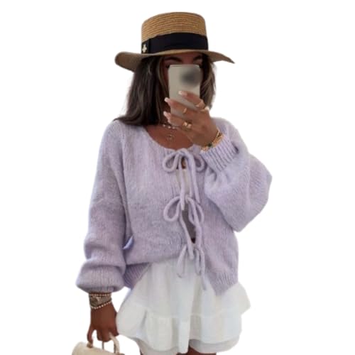 Chunky Knit Long Puff Sleeve Trendy Cardigans Tie Front Sweaters for Women Casual Solid Oversized Knitwear Tops (Purple,S) von LIBIQI