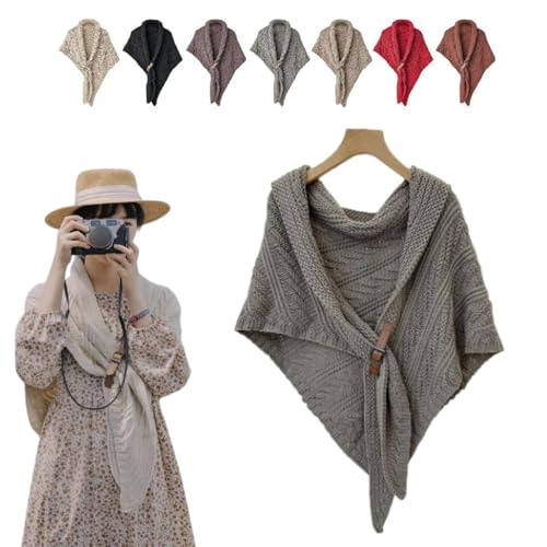 Knitted Triangle Shawl with Leather Buckle Women's Warm Crochet Knit Shawl Wrap Knit Scarf Cape New Fall Winter Knitted Shawl Multifunctional Triangle Shawl for Ladies (Dark Gray,One Size) von LIBIQI